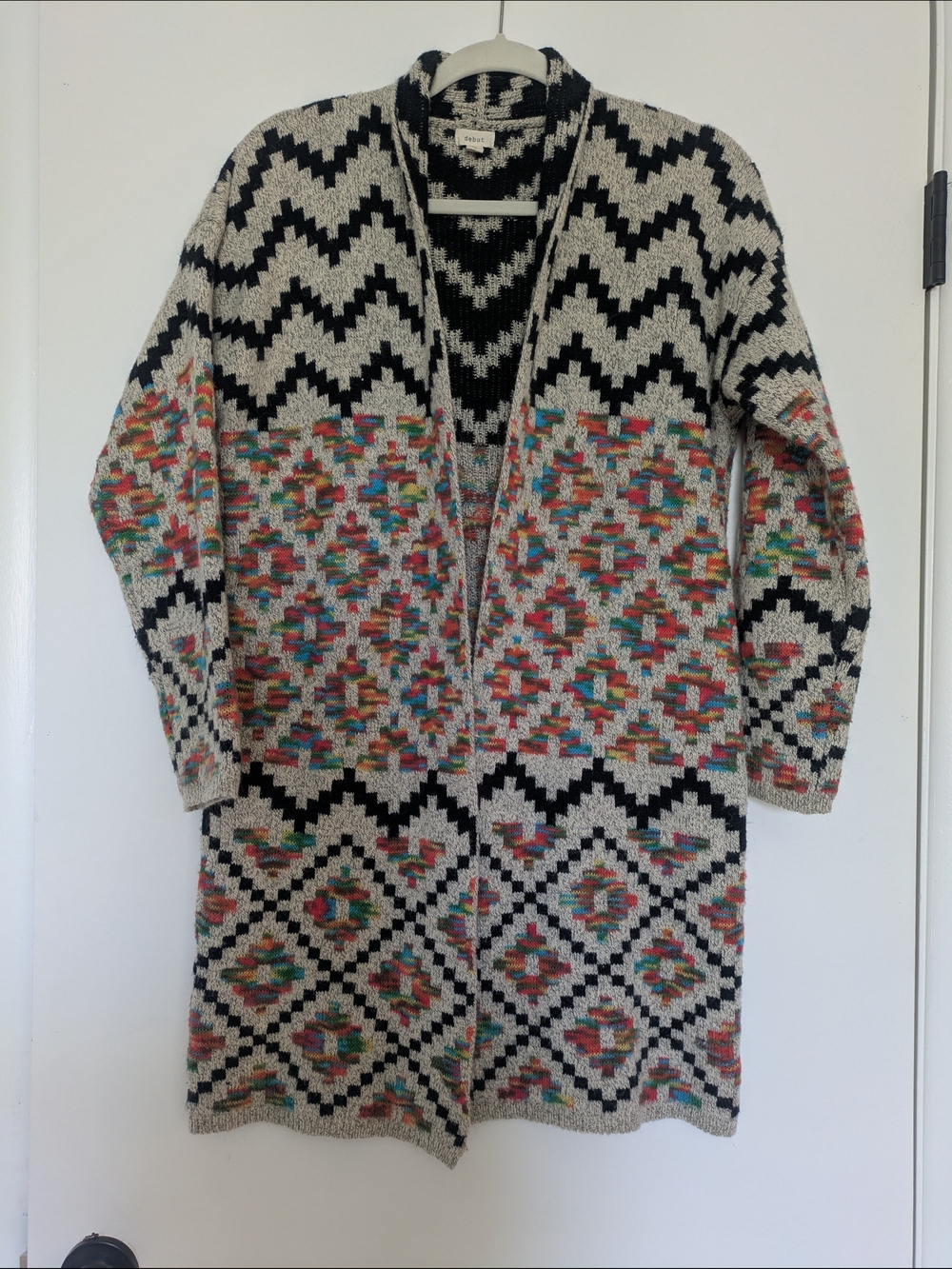 Long Open-Front Geometric Knit Cardigan - Black & Multicolor